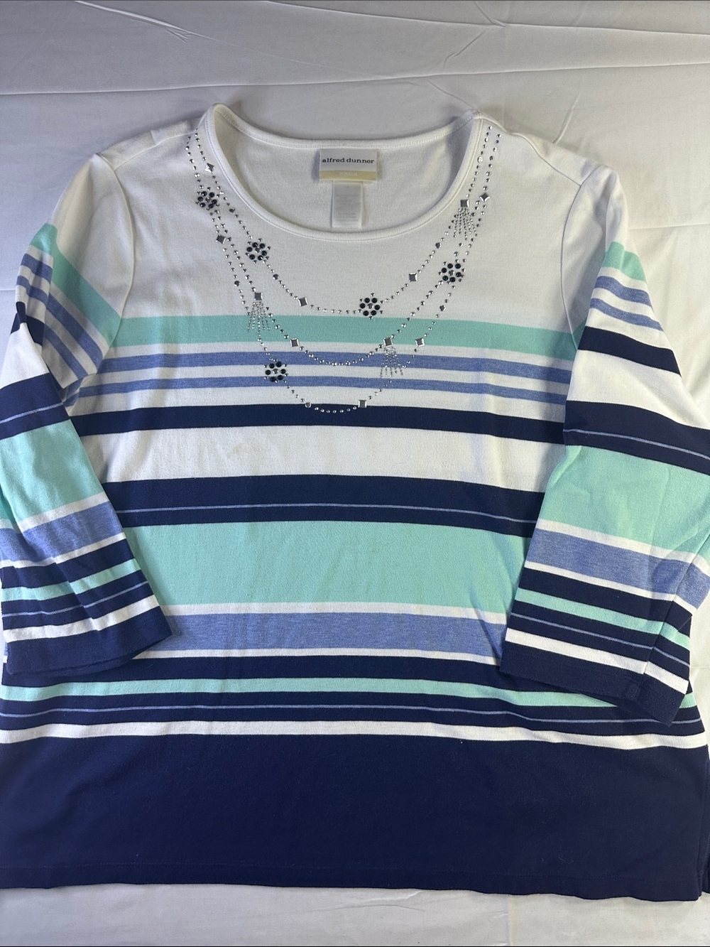 Alfred Dunner White Navy Aqua Striped Long Sleeve Top